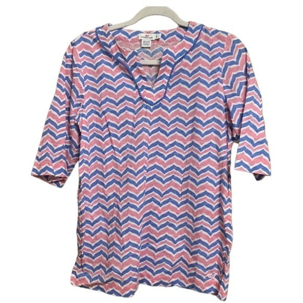 Vineyard Vines Tunic Top Womens L Pink Blue Chevron Pom Pom Trim Preppy Casual